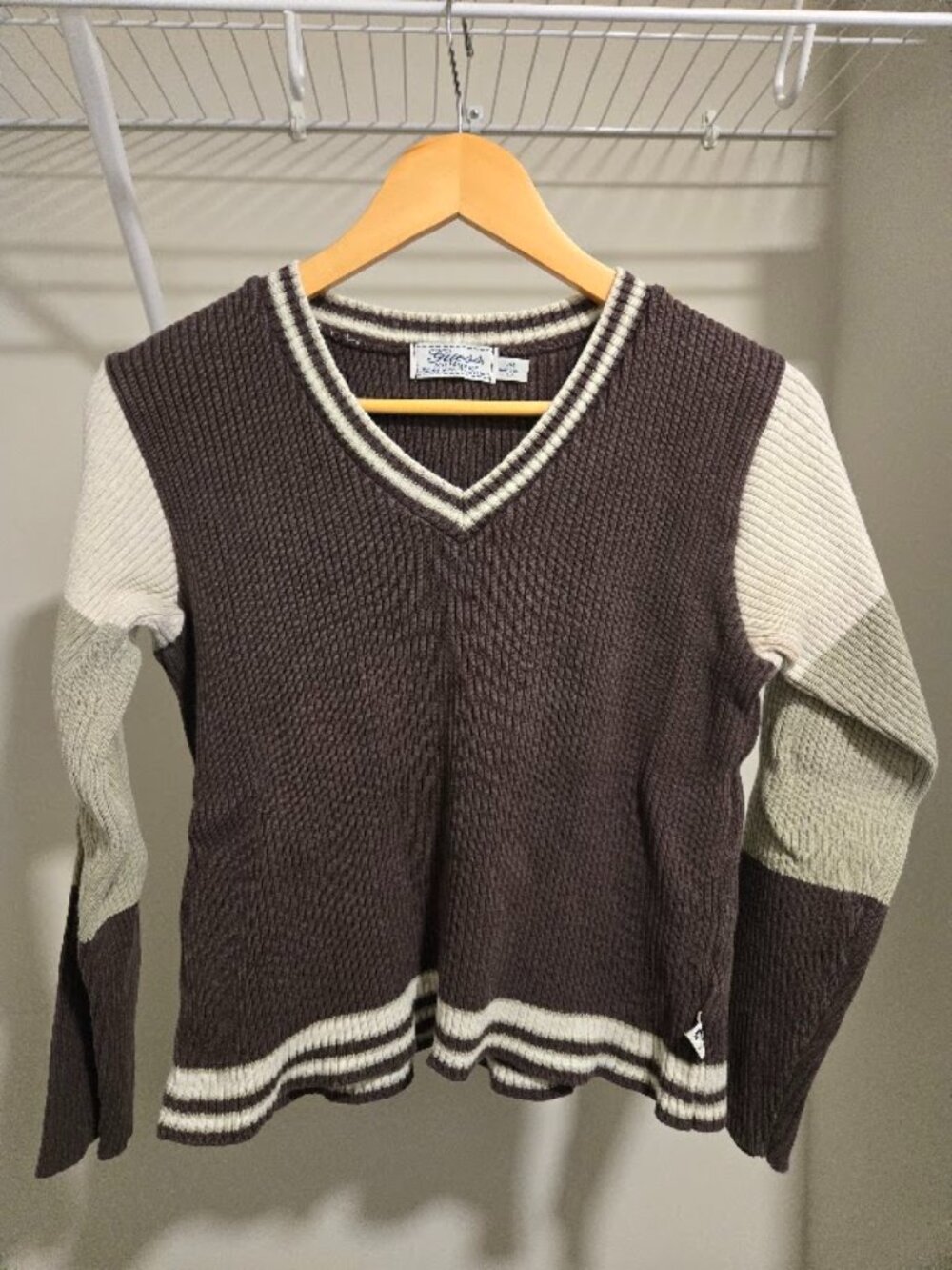 Guess Knitwear Brown Colorblock Ribbed V-Neck Sweater S/M Made USA